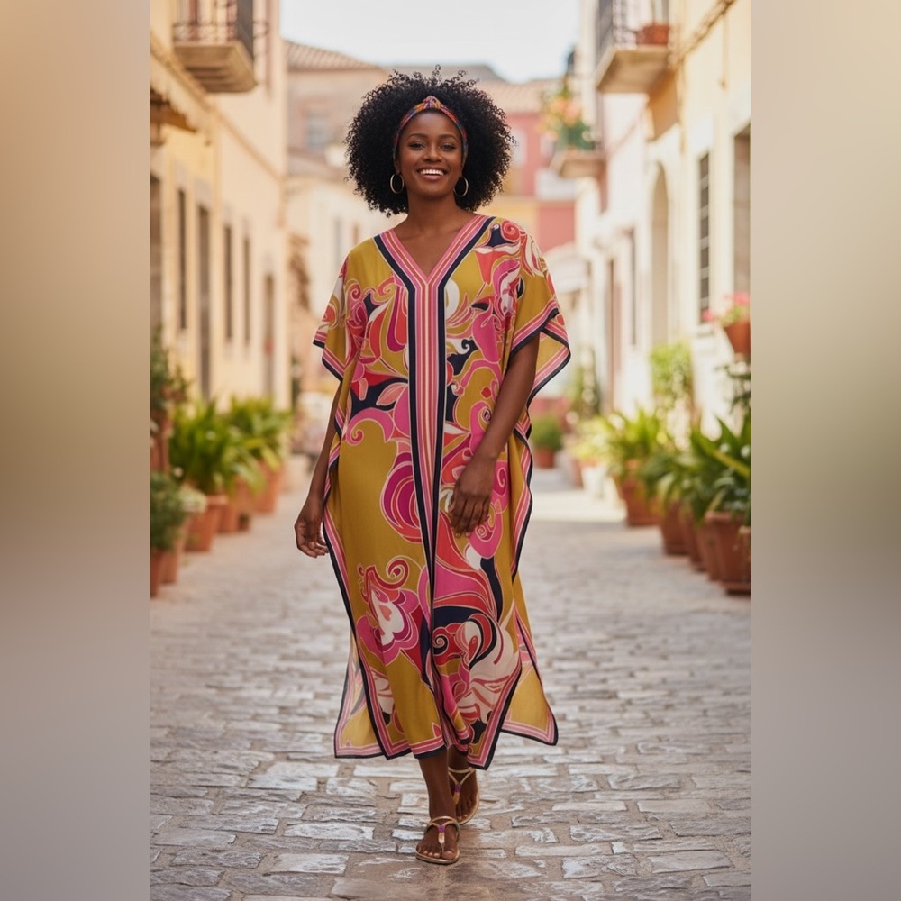 Roper Romp Mustard Yellow Multicolor V-Neck Maxi Caftan Maxi Dress